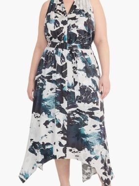 Maggy London Teal, Black & White Abstract Halter Midi Dress
